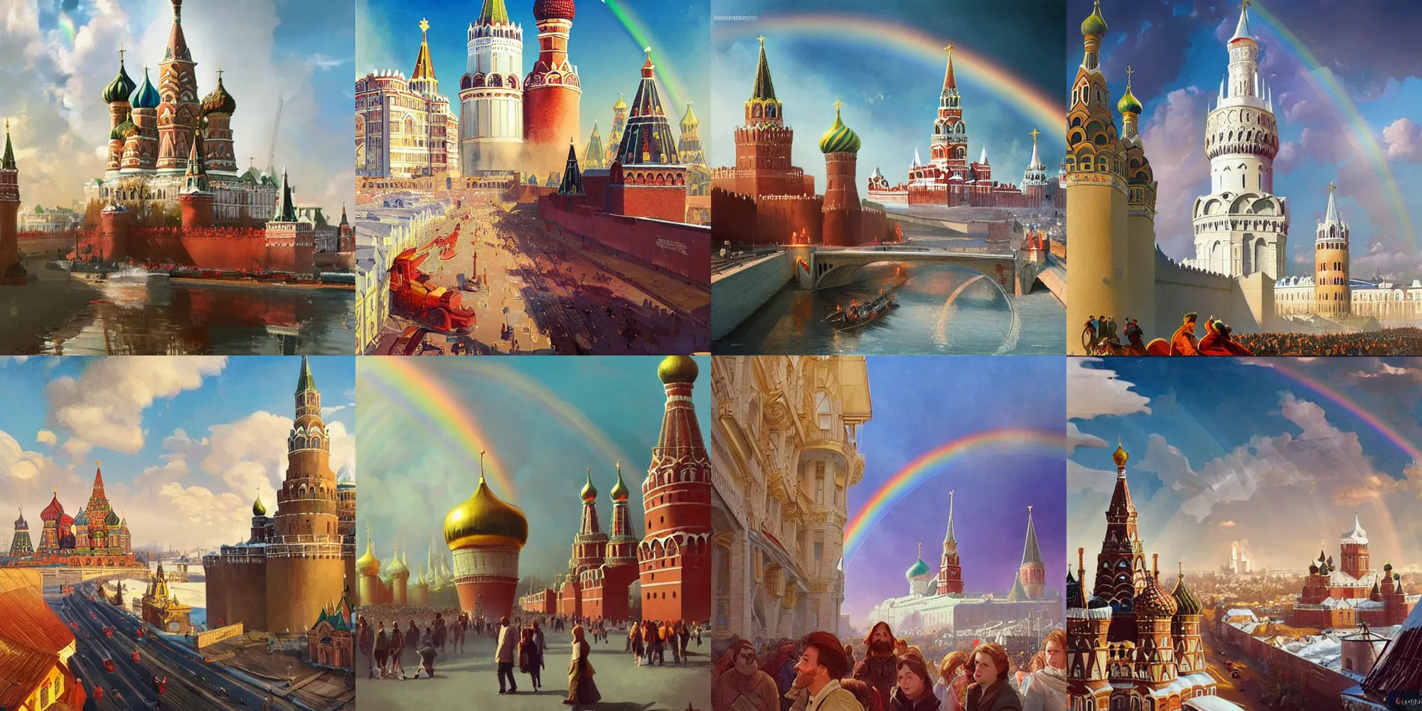 Prompt: Moscow,white Kremlin, retrofuturism Wooden houses, enthusiastic crowd, red flags holiday, airships in the sky, sunny day, rainbow, highly detailed, digital painting, artstation, concept art, illustration, art by Artgerm and greg rutkowski and alphonse mucha