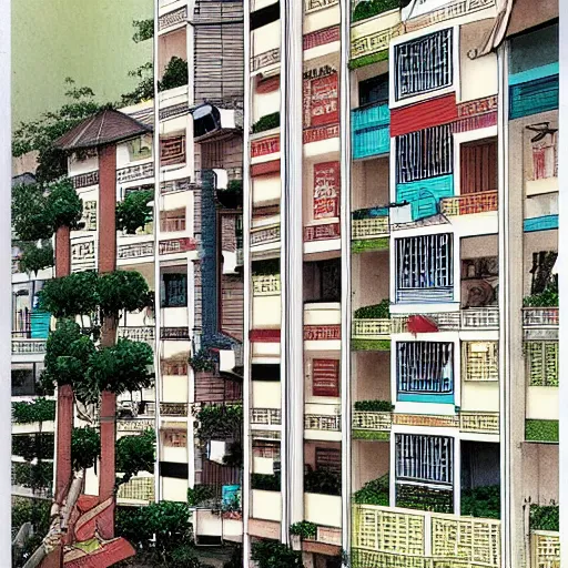 Image similar to a shophouse in a singaporean housing estate, by satoshi kon