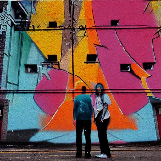 Prompt: a couple of people standing in front of a building, graffiti art by andre de krayewski, featured on flickr, crayon art, dystopian art, multiple exposure, glitch art