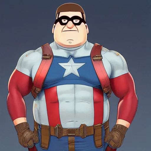 Image similar to peter griffin as captain america, au naturel, hyper detailed, digital art, trending in artstation, cinematic lighting, studio quality, smooth render, unreal engine 5 rendered, octane rendered, art style by klimt and nixeu and ian sprigger and wlop and krenz cushart