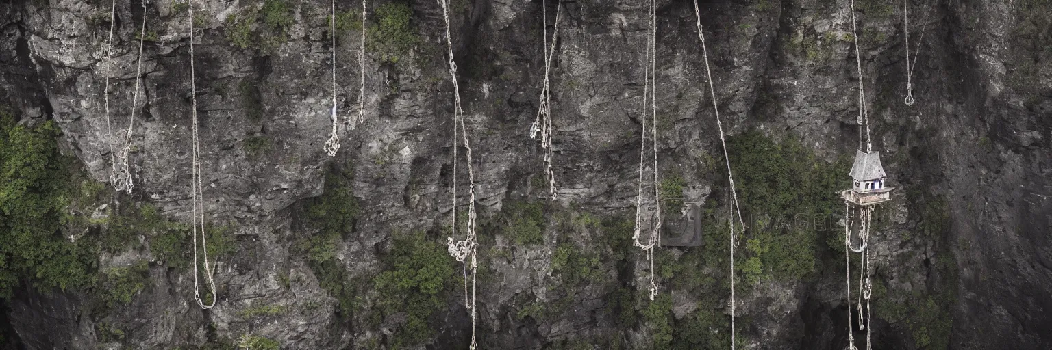 Prompt: cinematic view of floating castle hanging by chains in the air, in between a gorge, below only cloud dark void, 8 k resolution