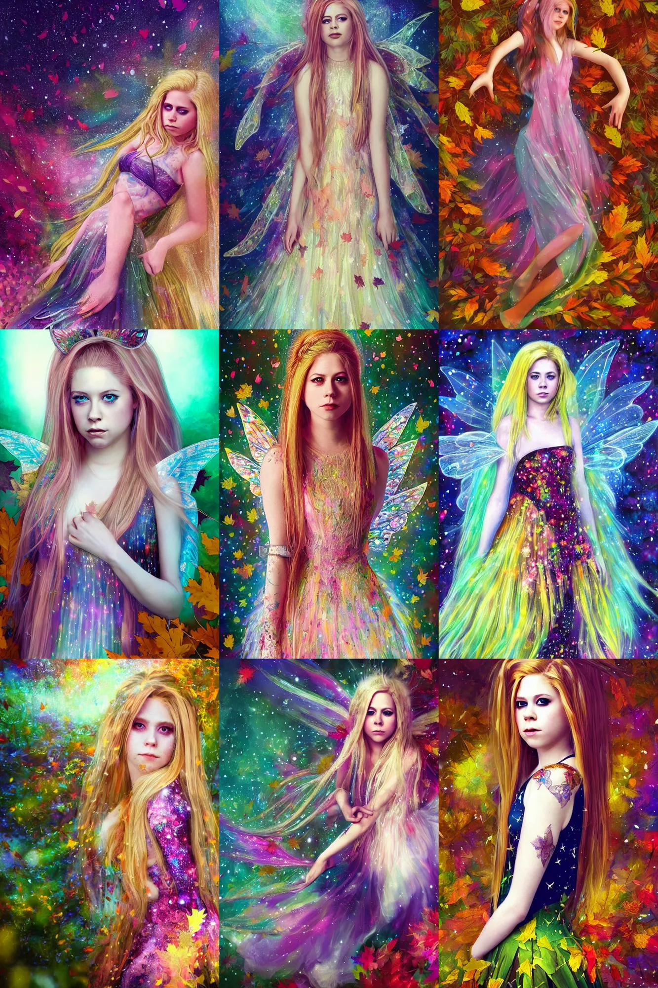 Prompt: masterwork full body portrait of young avril lavigne as a fairy. digital illustration. wearing a dress made out of stars. resting on a background of autumn leaves. fluid, dreamy, ethereal, vivid colours. sharp focus. highly detailed face. wow! cinematic lighting. trending on artstation. cgsociety.