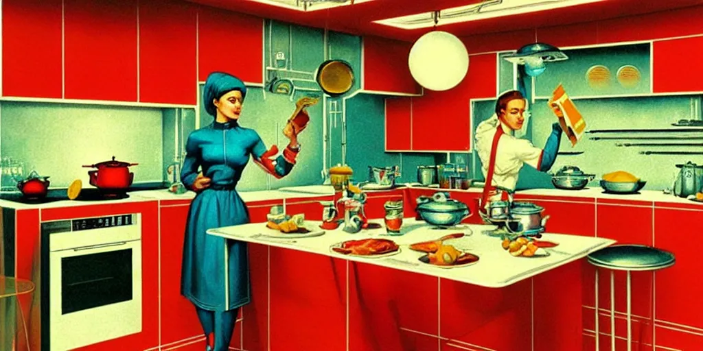 Prompt: soviet retro - futuristic kitchen by drew struzan