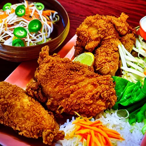 Image similar to fried chicken, sticky rice, papaya salad, thai street food, advertisement, banner “