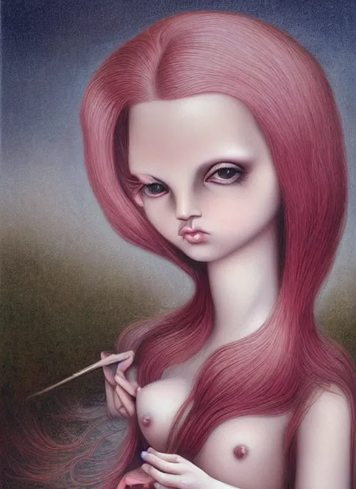 Prompt: pop surrealism, hyper realism, muted colors seductive female venus, cute girl, long hair, art by mark ryden, trevor brown