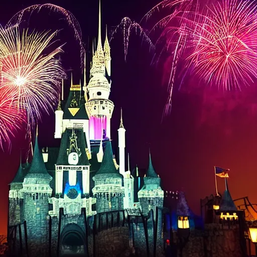 Prompt: Dracula\'s Castle inside Disney World at night, sky with fabulous fireworks, ultra realistic, dramatic light, 4k