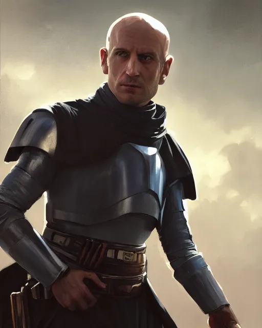 Prompt: painting portrait of Emmanuel Macron dressed as Arcann in Star Wars, sharp focus, waist up, trending on ArtStation, masterpiece, by Greg Rutkowski, by Ross Tran, by Fenghua Zhong, octane, clear eyes, soft render, clear facial features, oil on canvas, moody lighting, cinematic, professional environment concept art