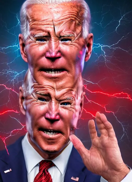 Prompt: hyper realistic ultra realistic omnipotent photo furious red glowing eyes biden, high quality photo, detailed , 8k