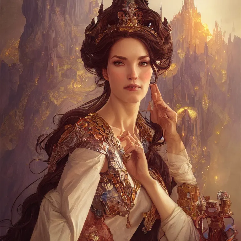 Image similar to portrait of a queen, D&D, fantasy, highly detailed, digital painting, artstation, smooth, sharp focus, illustration, art by artgerm and greg rutkowski and alphonse mucha