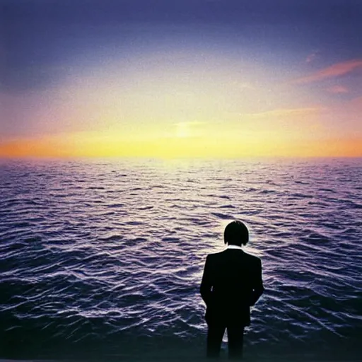 Image similar to japanese man with long hair in a suit standing in the ocean looking at the camera, wide shot, far!!!!!!! away, zoomed out, distance!!!!!!! shot, sunset, centered, album cover, 1980, tatsuro yamashita, ride on time