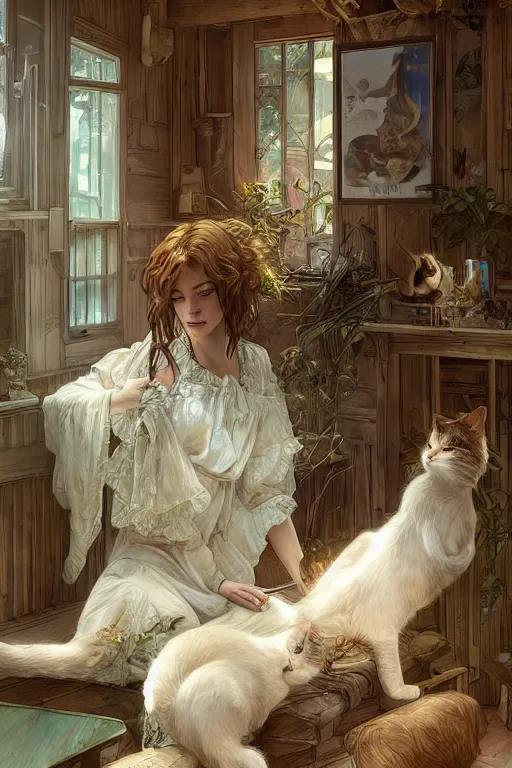 Image similar to cottagecore appartment with 100 cats playing inside, beautiful Hair, studio gibly, intricate, elegant, highly detailed, digital painting, artstation, concept art, smooth, sharp, focus, illustration, art by artgerm and greg rutkowski and alphonse mucha