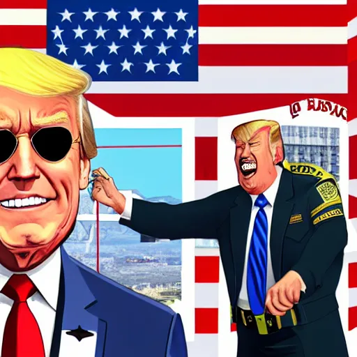 Image similar to joe biden wearing aviators and a sheriff outfit while laughing and arresting trump in gta v, cover art by stephen bliss, boxart, loadscreen