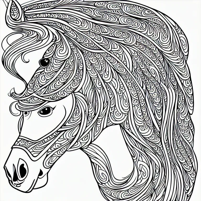 Prompt: beautiful horse, ornamental, fractal, line art, vector, outline, simplified, colouring page