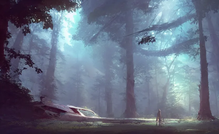 Prompt: a large spaceship with a hole in it crashed in a forest, smoke, atmospheric lighting. By Makoto Shinkai, Stanley Artgerm Lau, WLOP, Rossdraws, James Jean, Andrei Riabovitchev, Marc Simonetti, krenz cushart, Sakimichan, trending on ArtStation, digital art.