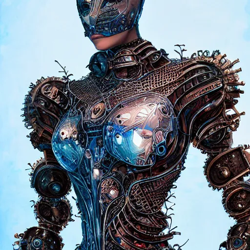 Prompt: a beautiful symmetrical fale body wearing an armor made of cyperpunk parts and wires by alex gray and android jones , Karol Bak, Ayami Kojima, Amano , 3D, 8k resolution