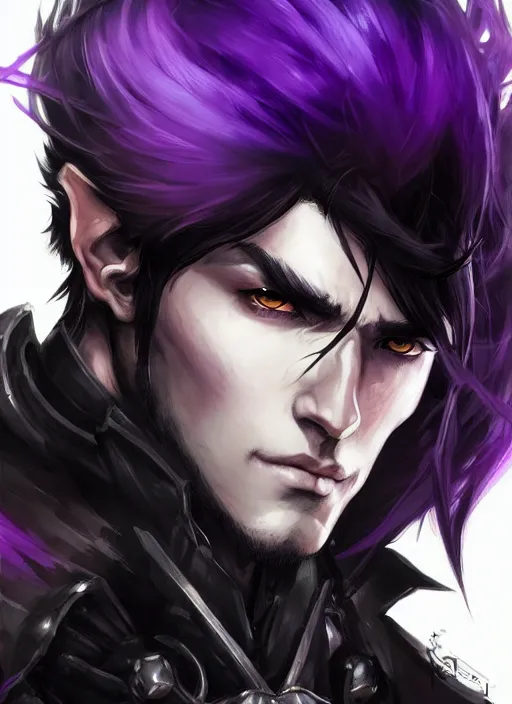 Image similar to Half body portrait of a handsome black haired elven warrior commander in black and purple attire. In style of Yoji Shinkawa and Hyung-tae Kim, trending on ArtStation, dark fantasy, great composition, concept art, highly detailed.