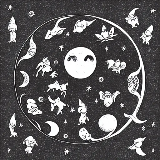 Prompt: phases of the moon wall hanging, astrology witchy whimsical illustration, black and white ink drawing