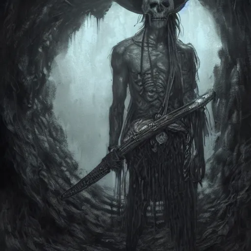 Image similar to portrait of a ghostly pirate, head and torso, standing in a grotto, holding a sword, intricate, elegant, highly detailed, lovecraft, digital painting, artstation, concept art, smooth, sharp focus uhd 8 k, dark, atmospheric, santiago caruso, chris cunningham