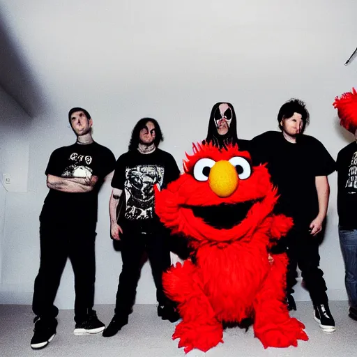 Image similar to elmo in a satanic metal band