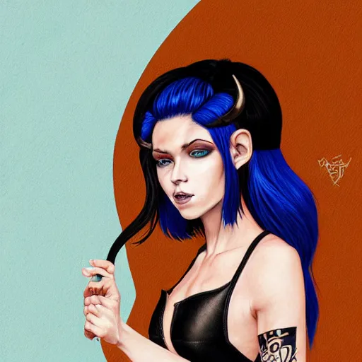 Image similar to illustrated realistic portrait of ram-horned devil woman with blue bob hairstyle and her tan colored skin and with solid black eyes wearing leather by rossdraws