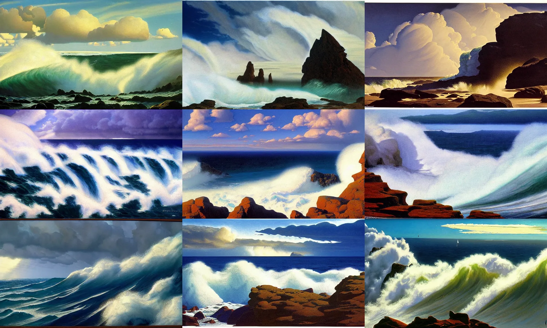 Prompt: sea and sky, big wave and foam, cliffs, stormy sky, cumulonimbus, artwork by frederick judd waugh and ed mell