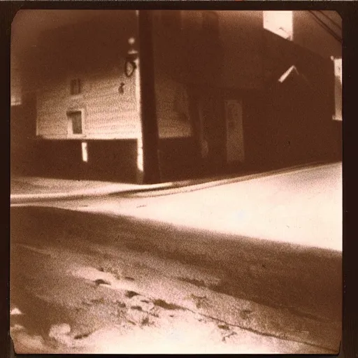 Prompt: A polaroid of aa street with no one on it but a horrifying creature. Black and white, grainy, dark colors, cinematic lighting, hyper detailed.