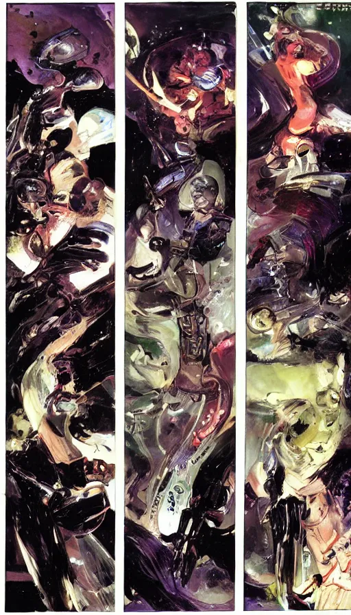 Image similar to 6 panel hard science fiction comic by, john singer sargent, bill sienkiewicz