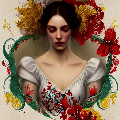 Prompt: beautiful brunette lady in white embroidered shirt, national costume of venezuela, filigree crown with red, blue and yellow textile orchid flowers, intricate, elegant, digital painting, art nouveau, soft, soft, focus, edge light, charlie bowater, tom bagshaw, greg rutkowski