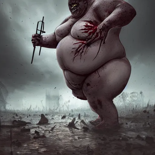 Prompt: angry extremely fat obese giant boated rotting zombie, full body portrait, with clothese, horror core, apocalyptic, feeling of grimdark, sharp focus, fiction, hyper detailed, digital art, trending in artstation, cinematic lighting, studio quality, smooth render, unreal engine 5 rendered, octane rendered, art style and nixeu and wlop and krenz cushart