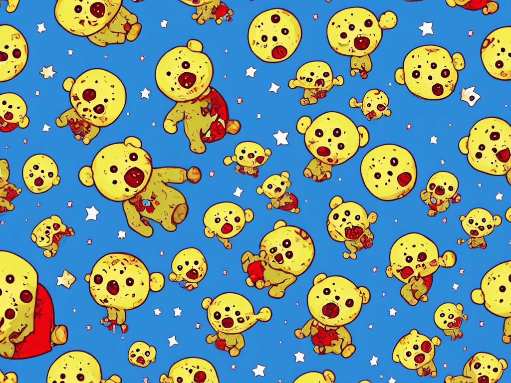 Image similar to happy zombie teddy bears floating in space, cartoon illustration, detailed, sarcastic