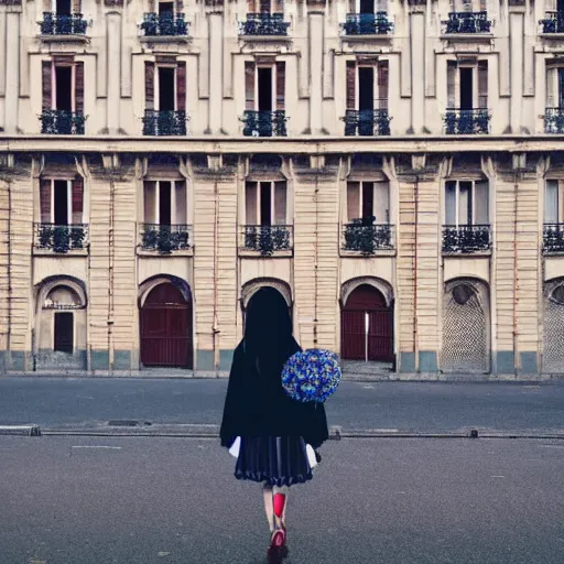 Image similar to giant flower head, woman walking in paris, surreal photography, symmetry, flat space, fanciful, stark colours, detailed, wes anderson