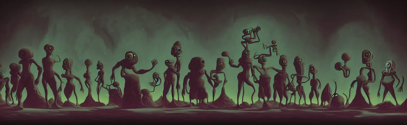 Image similar to uncanny repressed mutants from the depths of a vast wasteland in the collective unconscious, dramatic lighting, surreal dark 1 9 3 0 s fleischer cartoon characters, surreal painting by ronny khalil