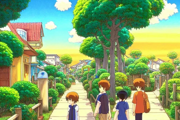 Prompt: an elaborate painting of a peaceful neighborhood, detailed, by studio ghibli!!!!!!!!!!! beautiful golden hour, anime, masterpiece