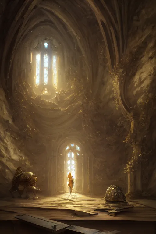 Image similar to baroque oil painting of anime key visual concept art of rustic grand stone chapel with female knight standing in the doorway wearing silver armor with gold trims, trending on artstation, brush strokes, oil on canvas, style of kawacy and makoto shinkai and greg rutkowski and studio ghibli