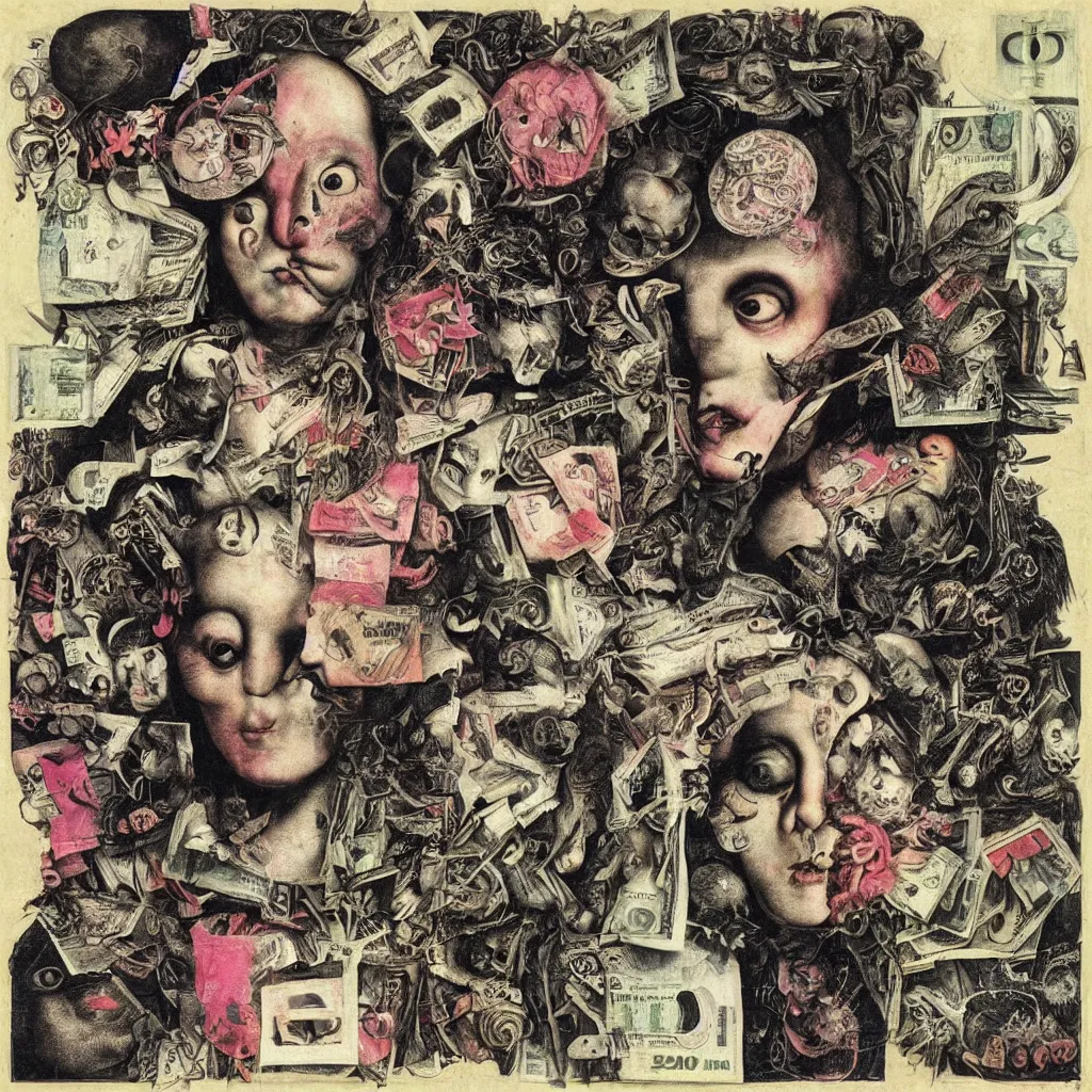 Image similar to post - punk new age album cover, asymmetrical design, dollar bank notes, capitalism, magic, apocalypse, psychedelic, black white pink, magic, giger h. r., giuseppe arcimboldo