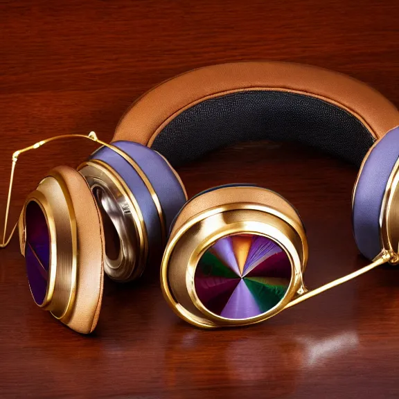 Image similar to masterpiece photo of beautiful crafted retro bismuth headphones in a silk padded leather case, gold metal, bismuth cups, leather padding, displayed on mahogany desk, modernist headphones, wood headphones beautiful well designed, hyperrealistic, audiophile, intricate hyper detail, extreme high quality, photographic, meze audio, sennheiser, hifiman, artstation