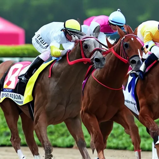 Prompt: racehorse cheating in the kentucky derby by attaching rocket boosters to its sides, speed, motion