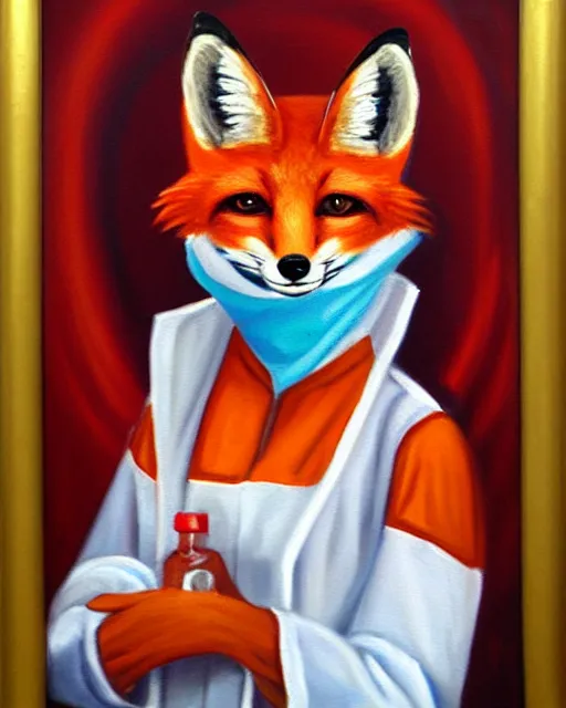 Prompt: oil painting portrait of anthropomorphic female fox animal dressed in labcoat, surgical mask covering mouth, red eyes, fox animal, hospital in background, oil painting,