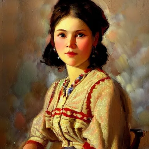 Image similar to Portrait of a chuvash girl, in the style of Konstantin Razumov, face closeup, intricate details, high quality