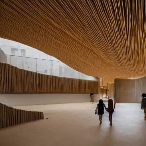 Prompt: indoor photo of a complex cultural building made of 3 d printed rammed earth, people walking