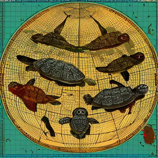 Image similar to a stack of turtles beneath a flat earth, round map