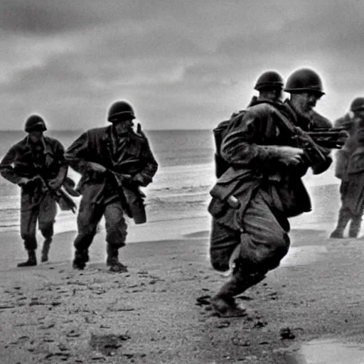 Prompt: Hank Hill storming Omaha Beach, epic, WWII, 1940s photo, cinematic, highly detailed, gritty, combat, sharp focus, closeup