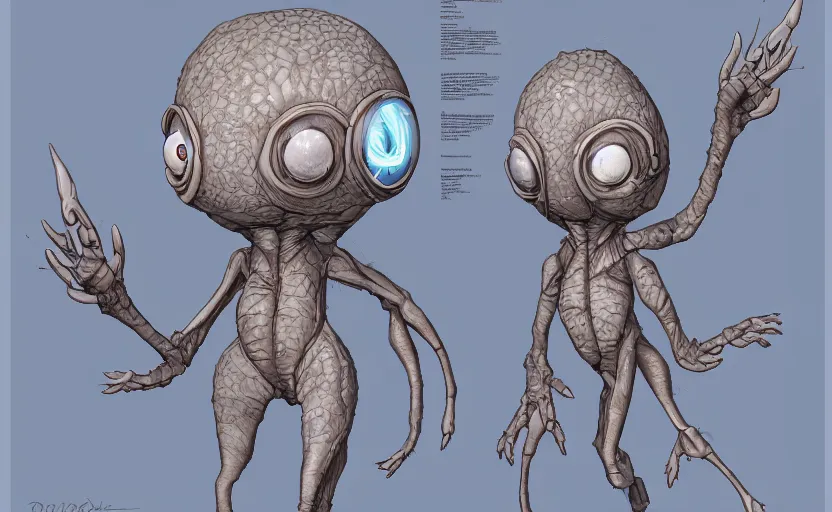 Image similar to highly detailed cell - shaded cartoon ofa miniature alien creature. 1 9 7 0 s science fiction, moody, misty, depth perception, 4 k, artstation, in the style of studio ghibli