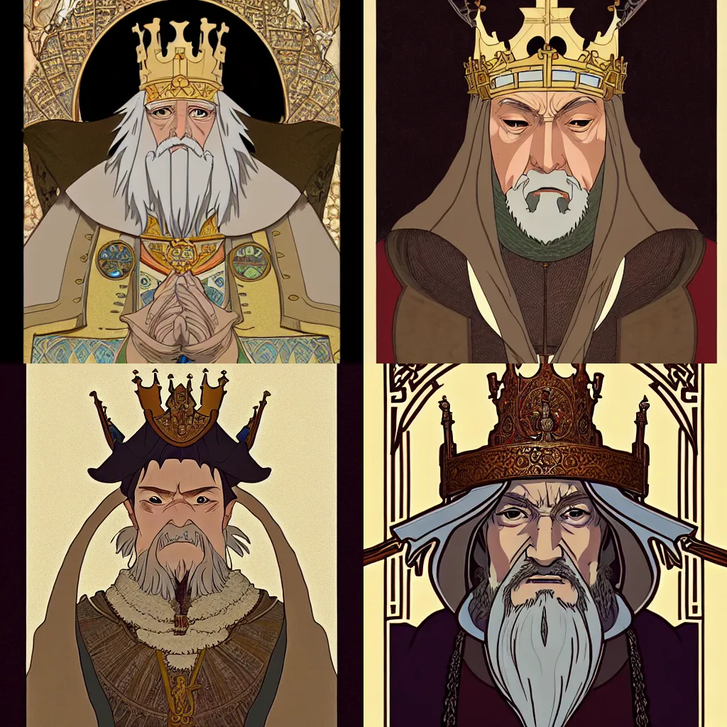 Prompt: portrait of a medieval old king, elegant, highly detailed, smooth, art by studio ghibli! and alphonse mucha and fujita goro and tom whalen, artstation, 8 k