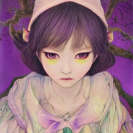 Image similar to little elf girl, tunic, soft hair. light color palate, purple, yellow and white. detailed soft painting, ayami kojima, made in abyss, anatomically correct, inspired in balthus, high detailed face anime, vogue magazine, realistic painting