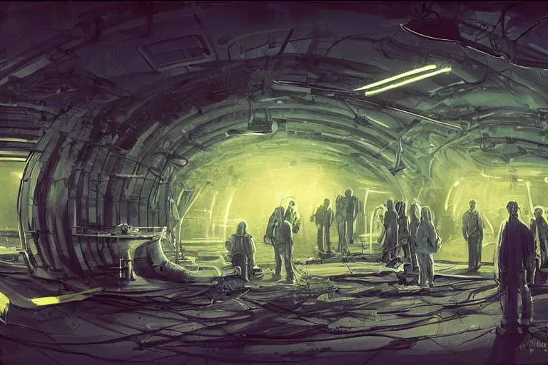 Image similar to Underground lab with scientists, aliens, cinematic light, 1990s sci-fi movie, twilight rays, cinematic, wide angle, concept art