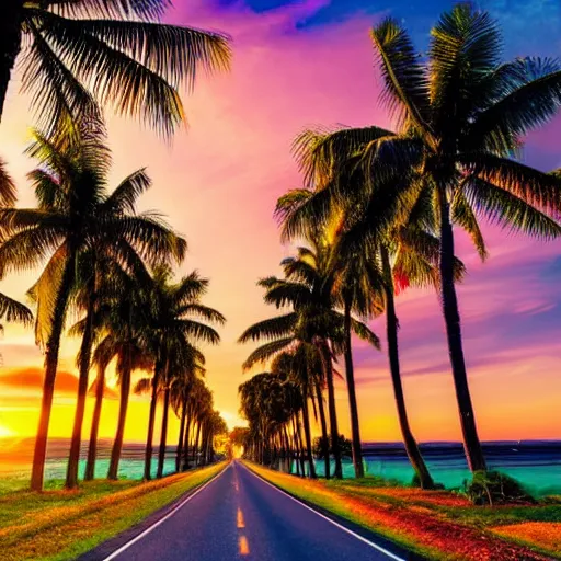 Image similar to A beautiful road with Palm trees on each side, sunset