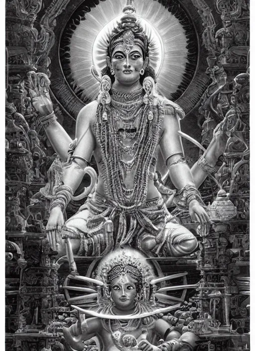 Prompt: highly detailed picture of cybertronic statue of shiva in a hindu temple, edge of the universe, perfectly symmetrical face, elegant, centered, digital painting, artstation, concept art, smooth, sharp focus, illustration, golden ratio, perfect symmetrical, intricate, by boris vallejo, masterpiece, book by gene wolfe, highly detailed painting by gustave dore