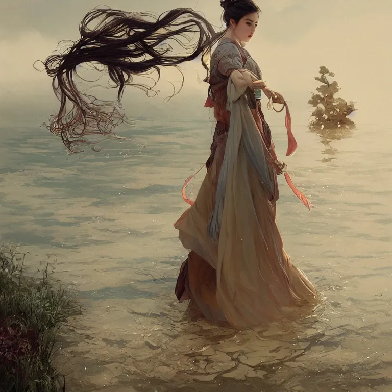 Image similar to portrait of a beautiful seductive slightly plump european girl wearing hanfu walking on water, farm background, fantasy, d & d, dark eyeliner, intricate, elegant, highly detailed, digital painting, artstation, concept art, matte, sharp focus, illustration, art by greg rutkowski and alphonse mucha