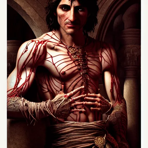 Image similar to The prince of Persia with translucent skin, visible muscles and veins and arteries and bones and spine and nerves, beautiful detailed intricate insanely detailed octane render, 8K artistic photography, photorealistic, chiaroscuro, by David Cronenberg, Raphael, Caravaggio